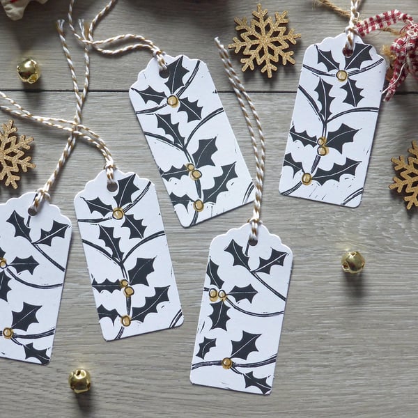 Handprinted Christmas gift tags with holly and gold berries