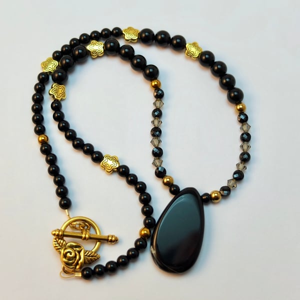  Onyx, AAA Grade Black Spinel And Swarovski Crystal Necklace - Handmade In Devon