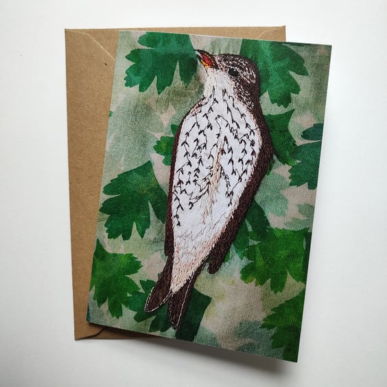 Song Thrush Embroidered Portrait Greetings Card