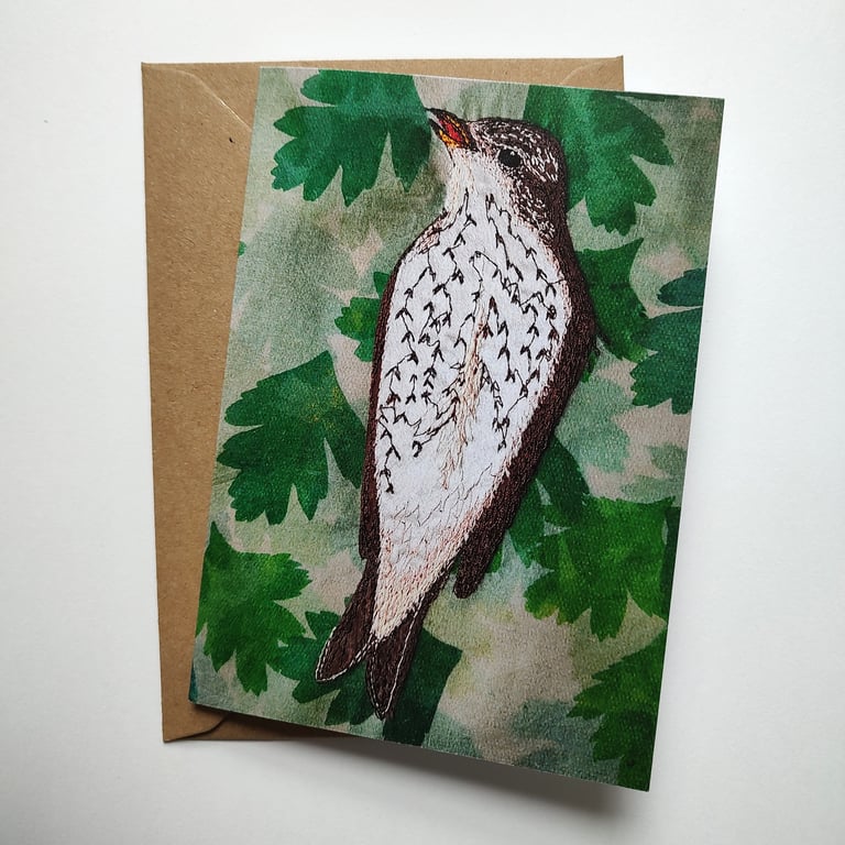 Song Thrush Embroidered Portrait Greetings Card