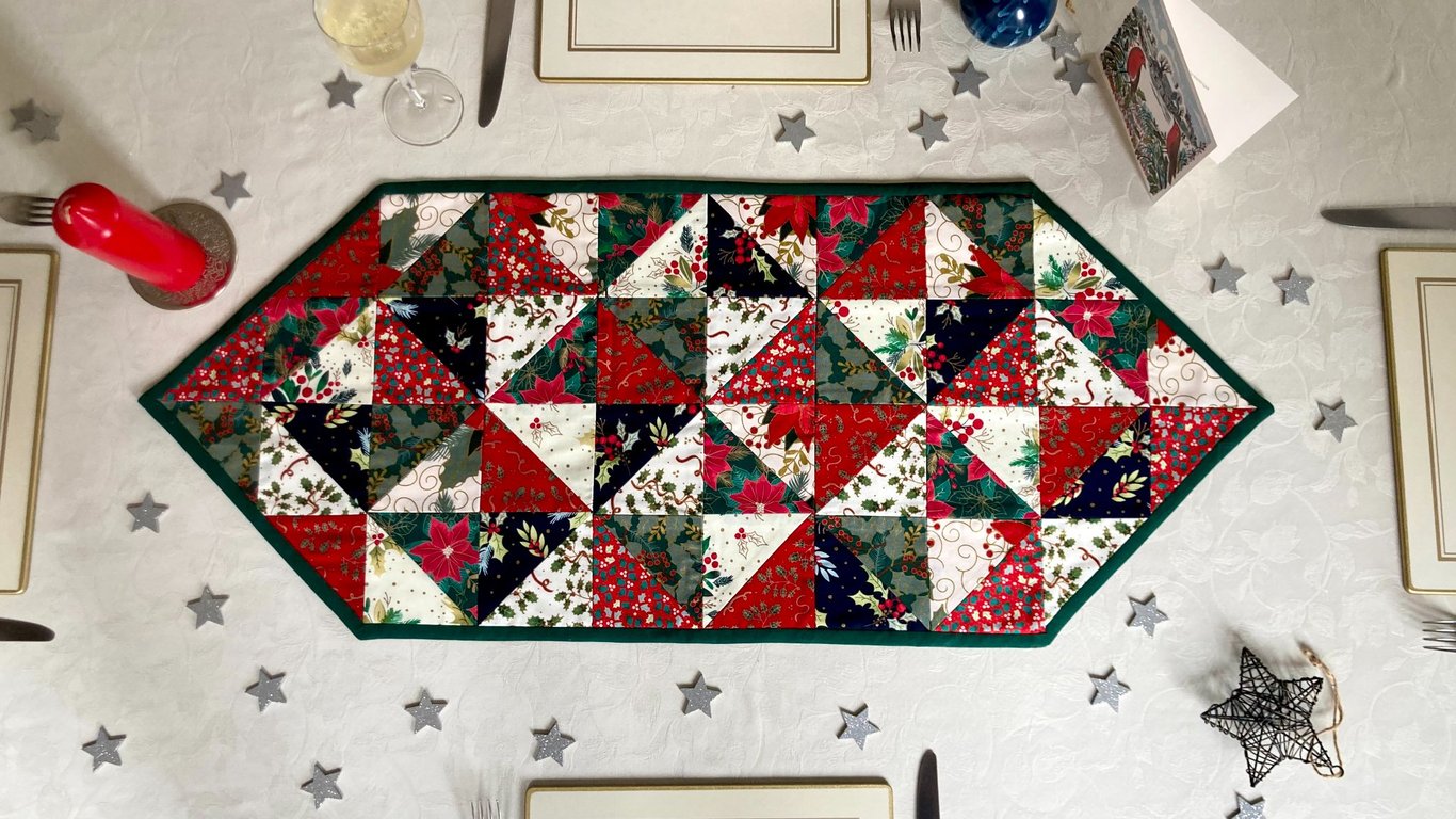 Festive Holly and Poinsettia Print Christmas Table Runner