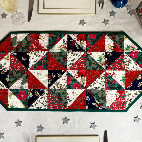 Festive Holly and Poinsettia Print Christmas Table Runner