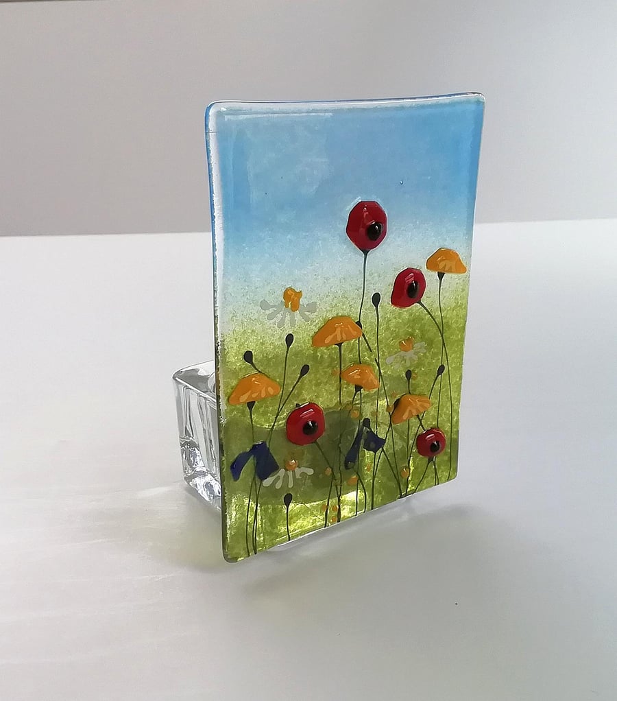 Wildflower tea light holder, gift for her, home decor. fused glass art, summer c