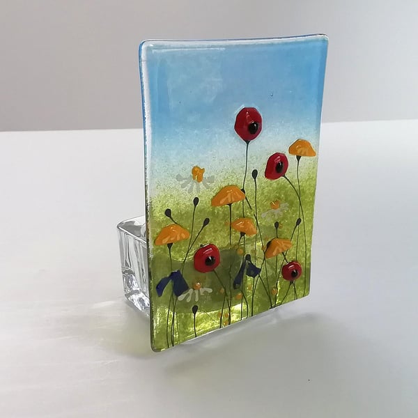 Wildflower tea light holder, gift for her, home decor. fused glass art, summer c