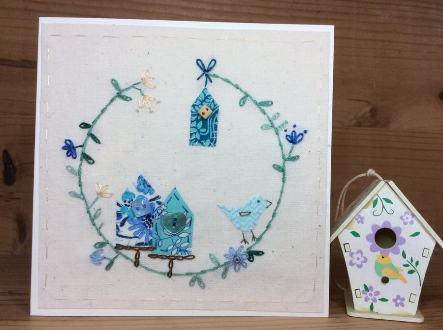 Little blue bird house hand embroidered card