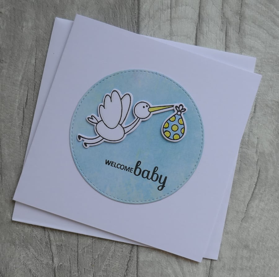 Welcome Baby - Stork and Baby Bundle - Baby Boy Card