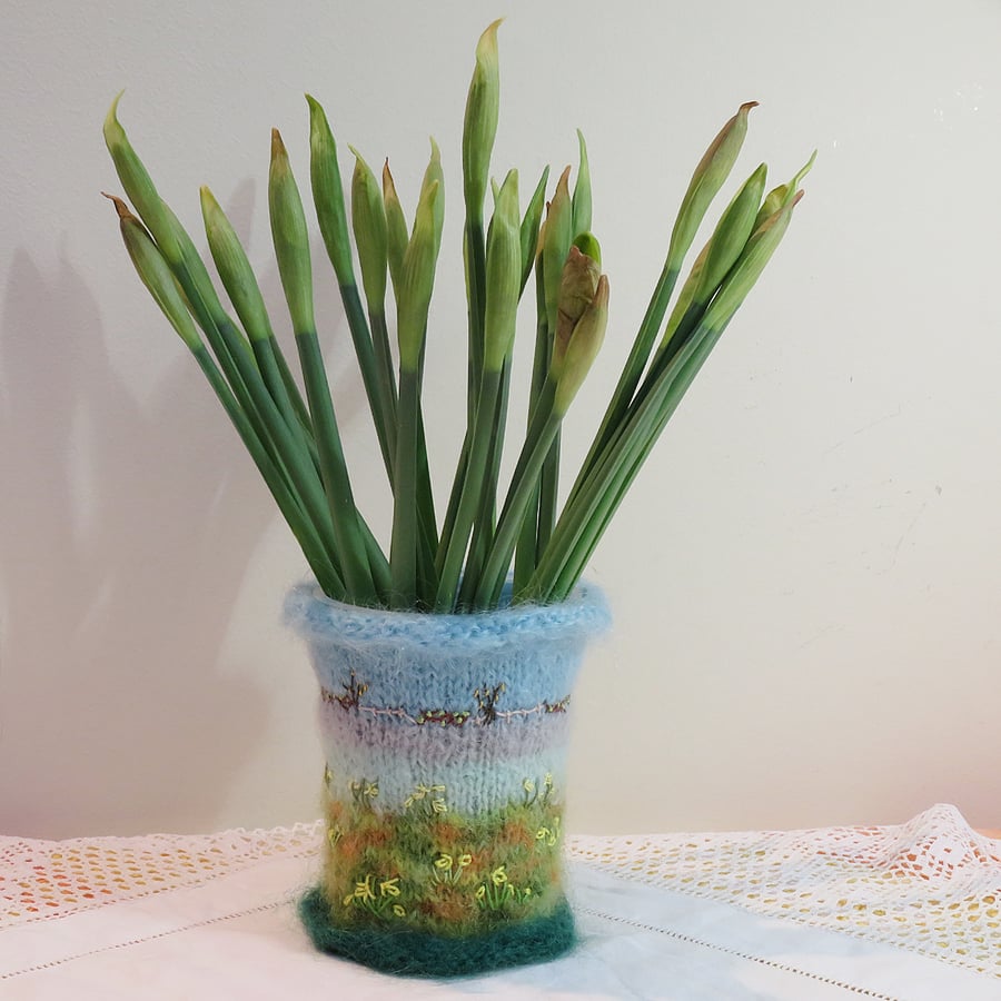 Embroidered and Knitted Daffodil Meadow vase cover