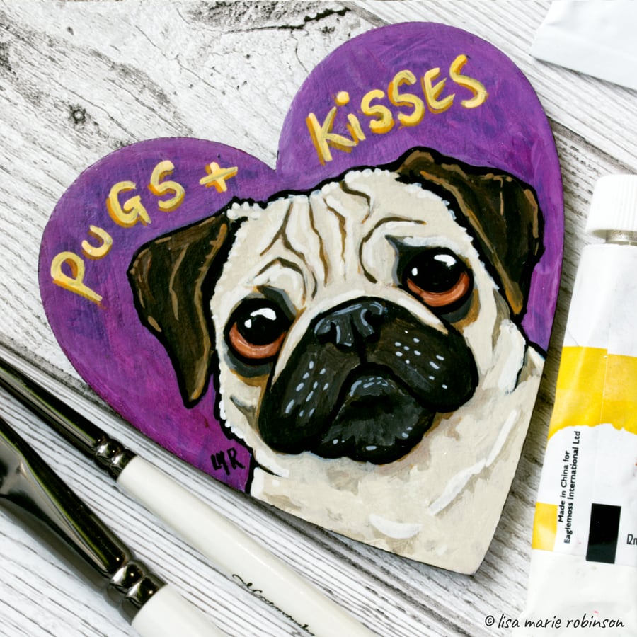 Pugs and Kisses - Hand Painted Heart Shaped Magnet