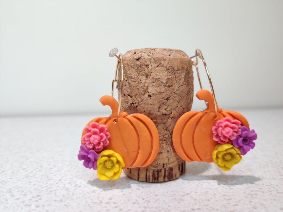 Autumn pumpkin flower hoop earrings 