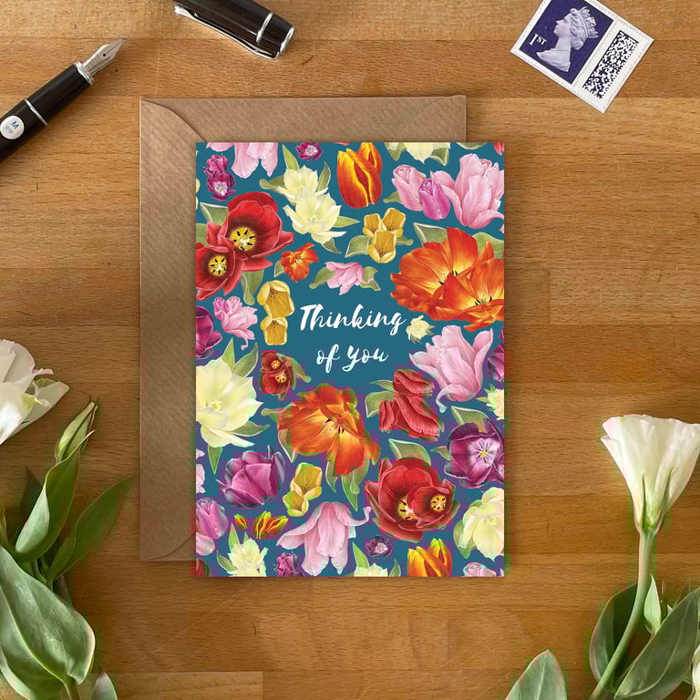 Thinking of You Tulip Card – Hand-Drawn Design, Blank Inside with Kraft Envelope