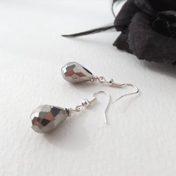 Big Grey Crystal Silver Earrings, Short Dangle Earrings