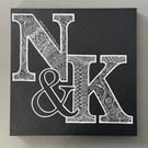 Personalised Monogram wall art canvas gift with hand drawn initials