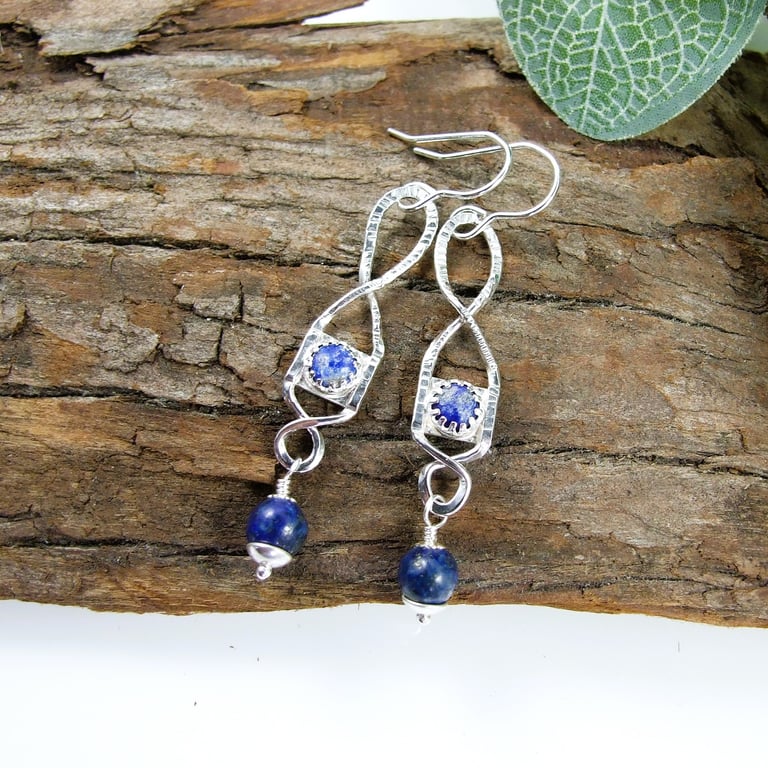 Earrings, Sterling Silver and Lapis Lazuli Unusual Droppers
