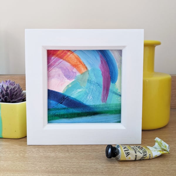 Waterfall,  Small Framed Abstract Painting 