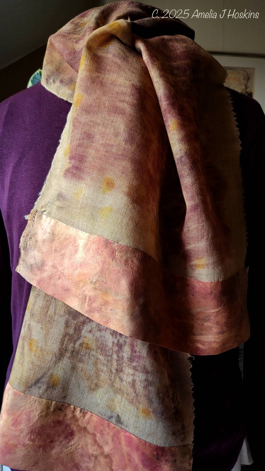 Fine wool eco printed maroon leaves scarf