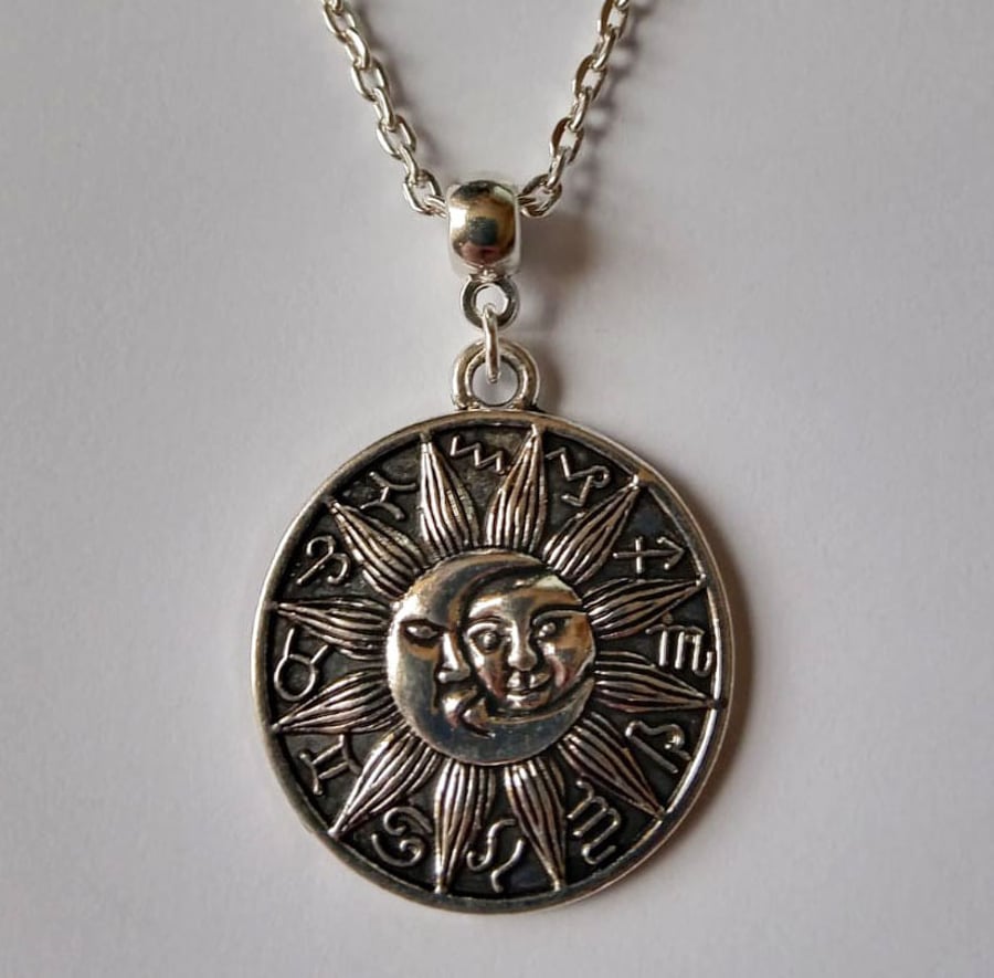 Zodiac Wheel Sun and Moon Round Pendant Necklace New Age