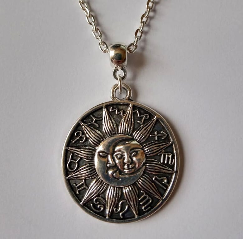 Zodiac Wheel Sun and Moon Round Pendant Necklace New Age