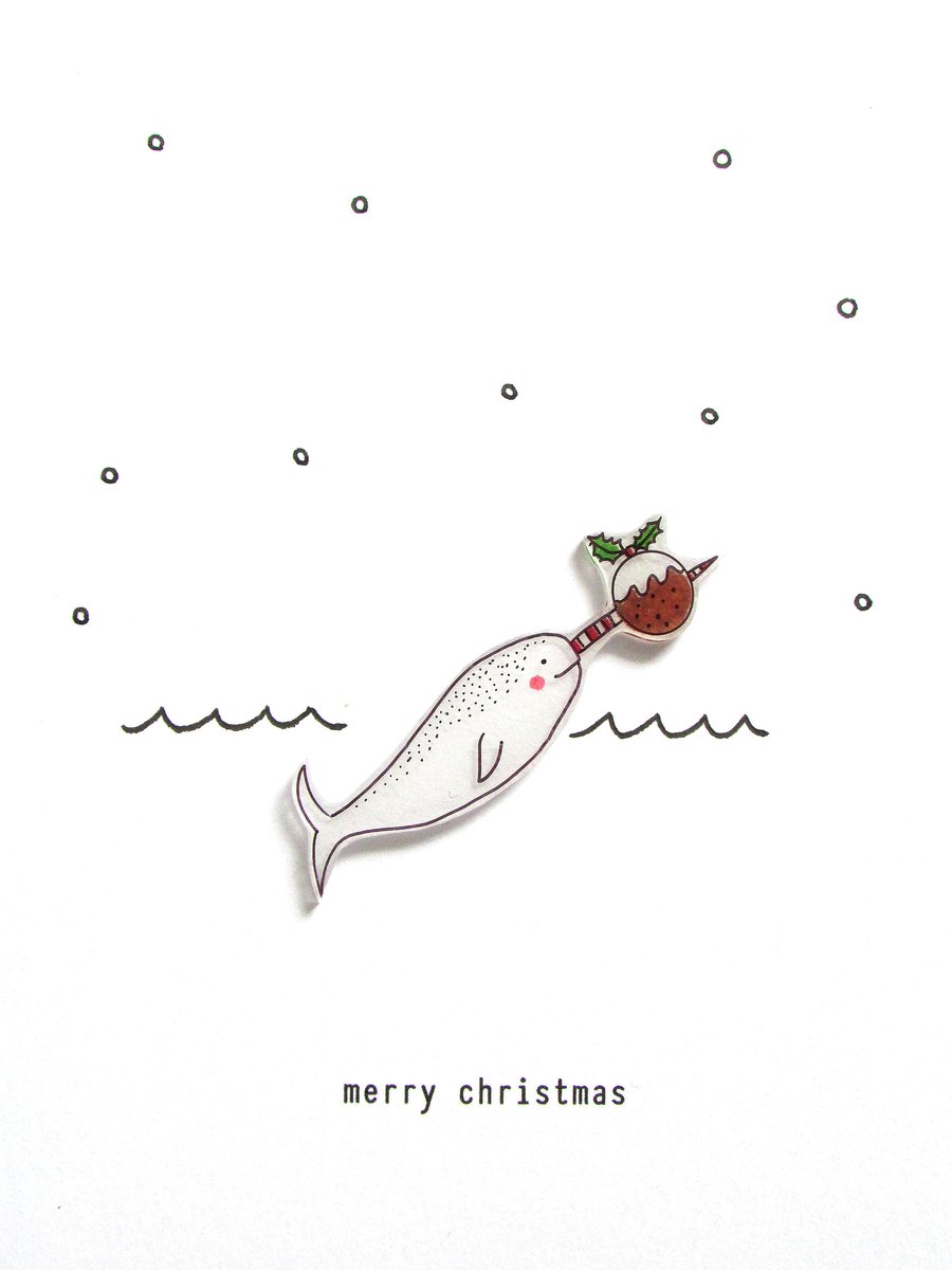 merry christmas - narwhal & christmas pudding - handmade christmas card