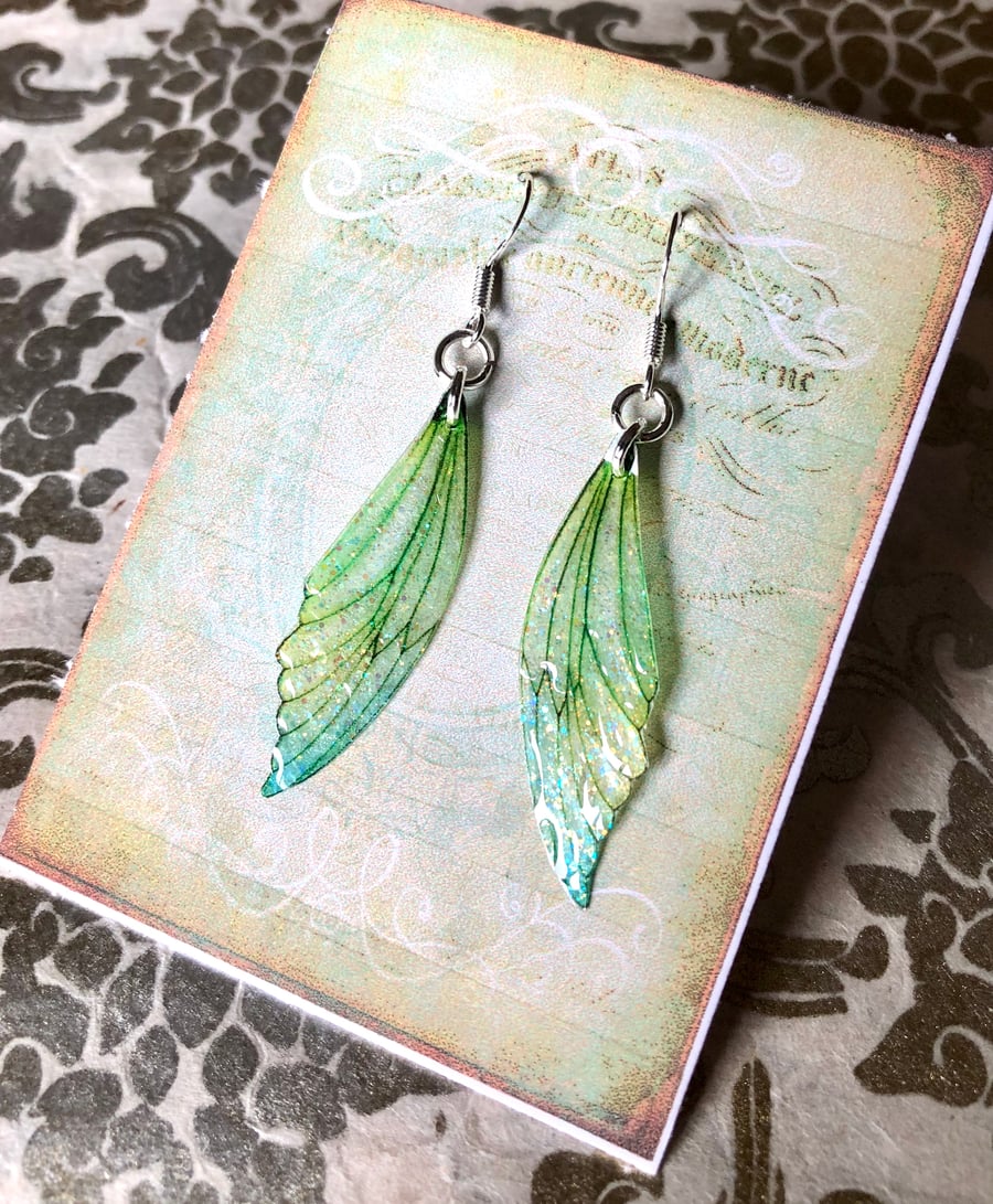 Dainty Green Sterling Silver Fairy Wing Earrings Style 3