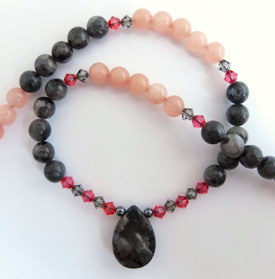 Larvikite, Pink Opal, Swarovski Crystal & Hematite Necklace - Handmade In Devon.