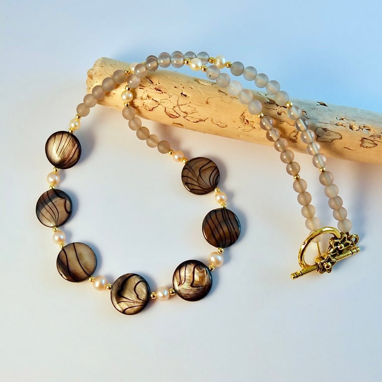 Shell, Pearl & Grey Agate Necklace - June Birthday, Anniversary, Gifts For Her