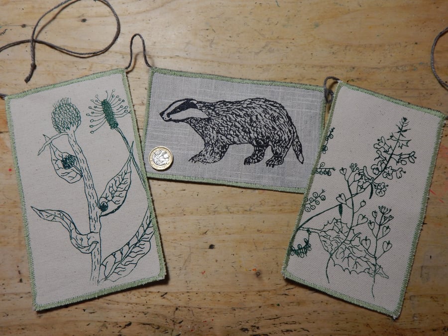 Badger and Wild Hedgerow Flowers - Bunting Wall hanging - 54 cm