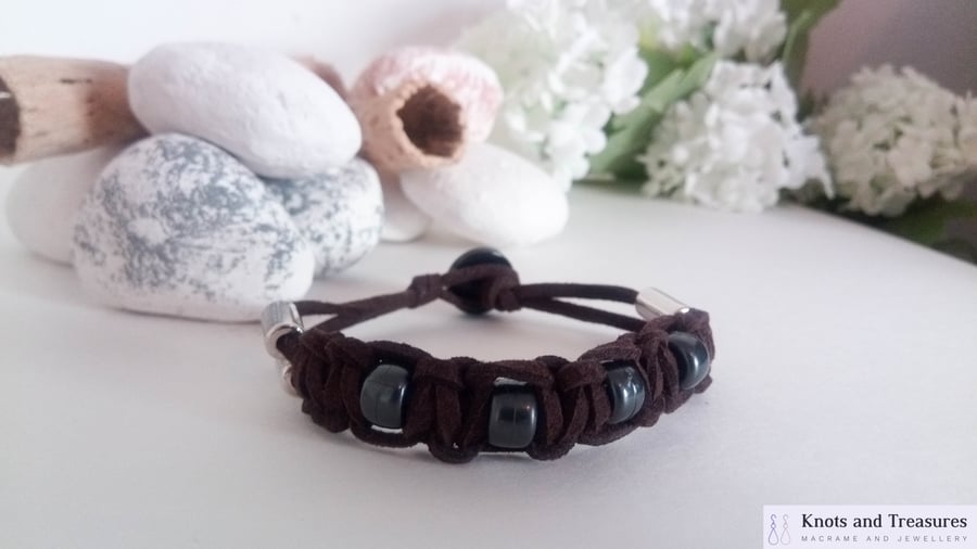Mens Brown Faux Suede Macrame Bracelet