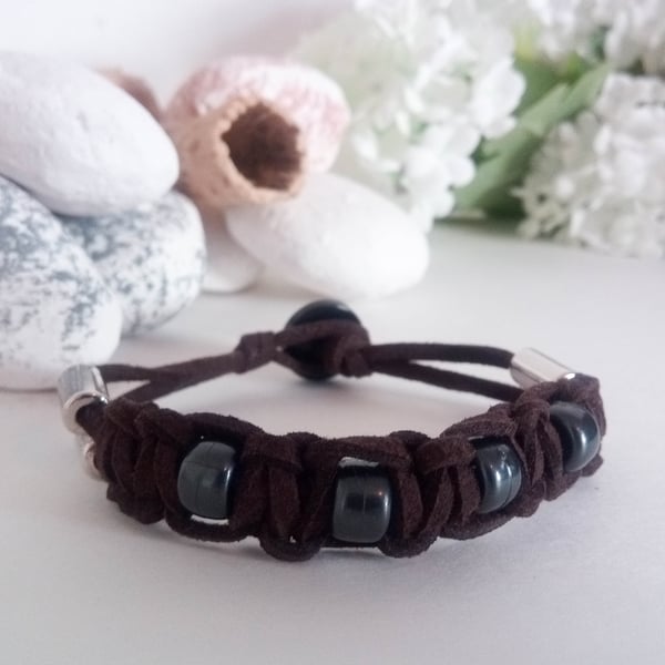 Mens Brown Faux Suede Macrame Bracelet