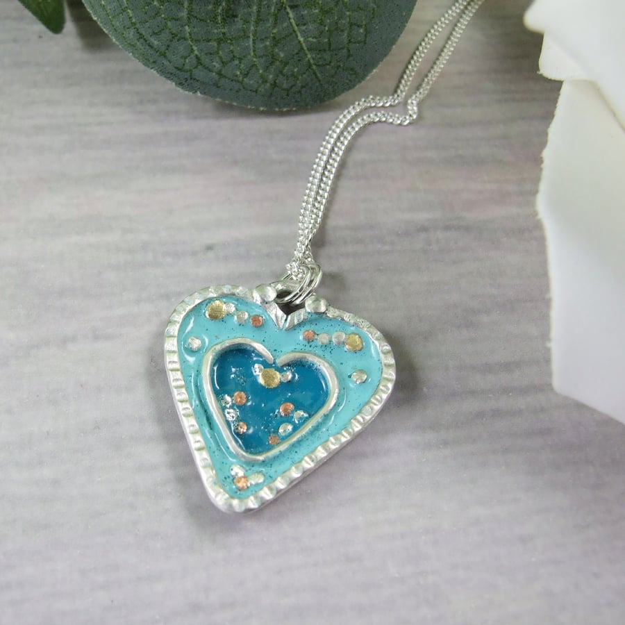 Hearts Silver and Enamel Pendant. Two Nested Hearts with Turquoise Enamel