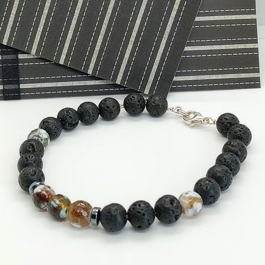 Black Lava with Fire Agate Gemstone Bracelet, Sterling Silver , 8 inch
