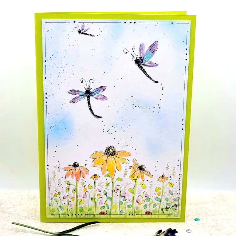 Dragonfly Blank Card - original handpainted, mother's day, birthday, cone flower