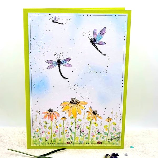 Dragonfly Blank Card - original handpainted, mother's day, birthday, cone flower