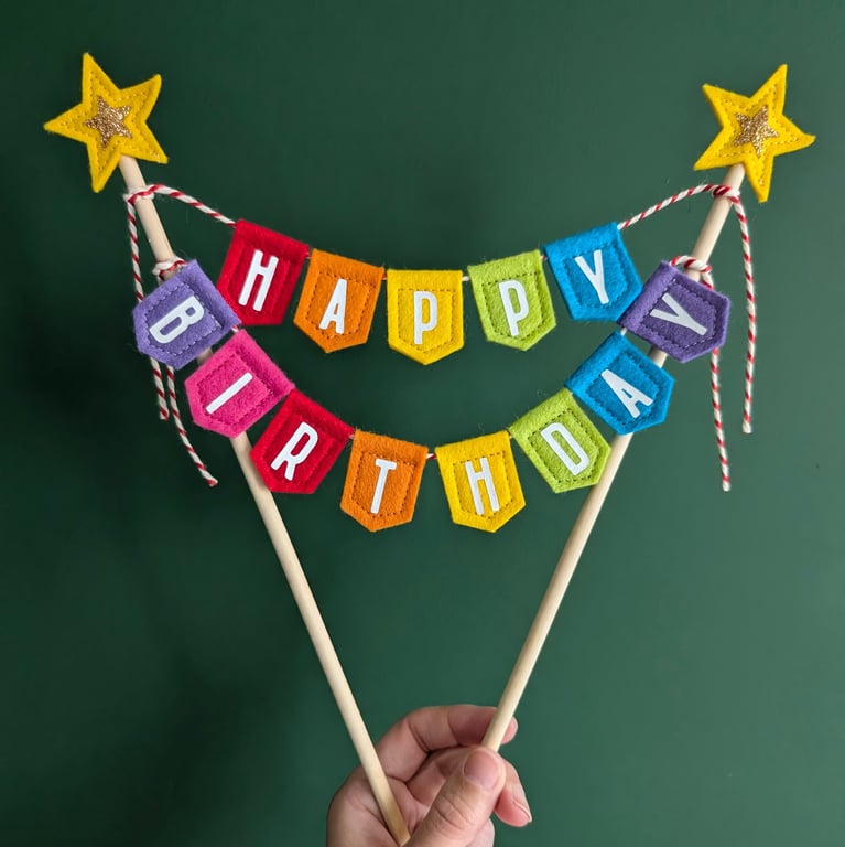 Handmade felt rainbow happy birthday cake topper bunting