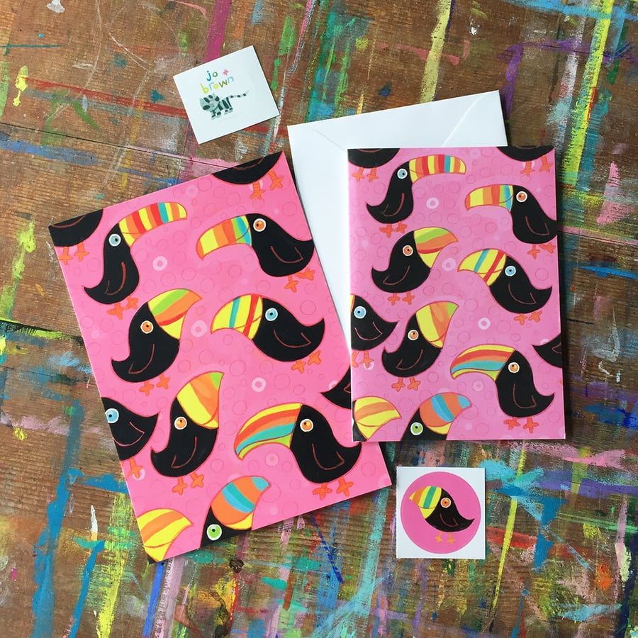 Toucan Mini Art Print and greetings card and sticker bundle by Jo Brown