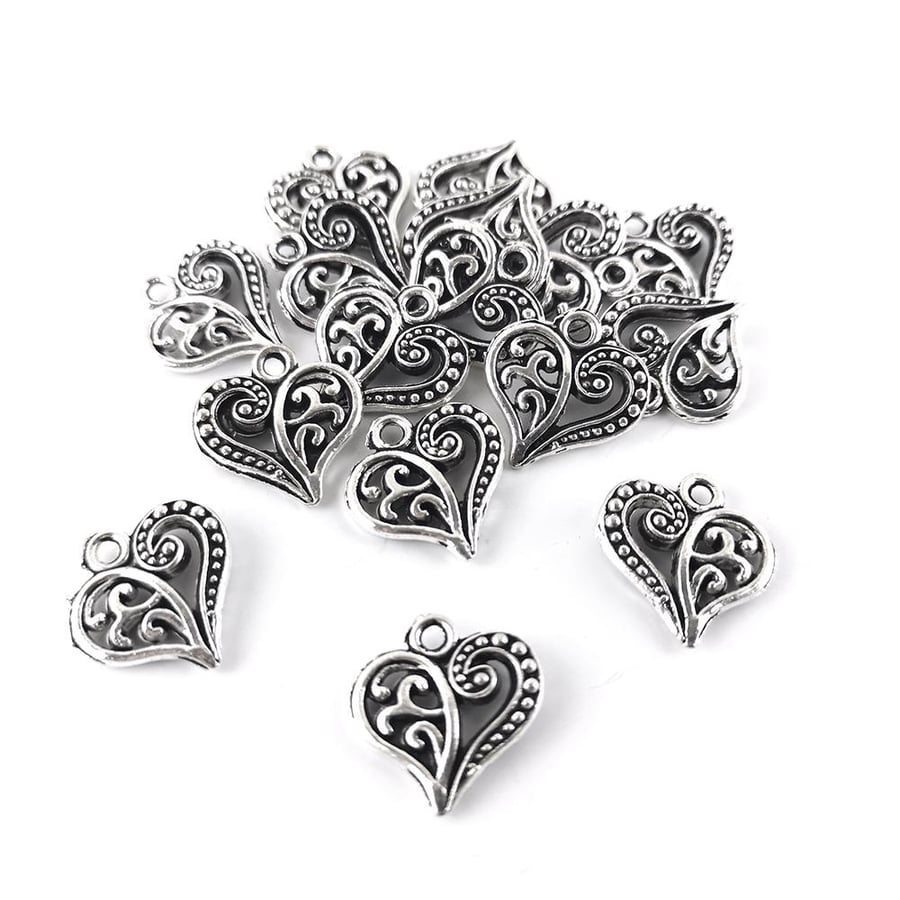 Tibetan Silver Heart Charms - Antique Silver, 14mm - Pack of 15x - Durable for J