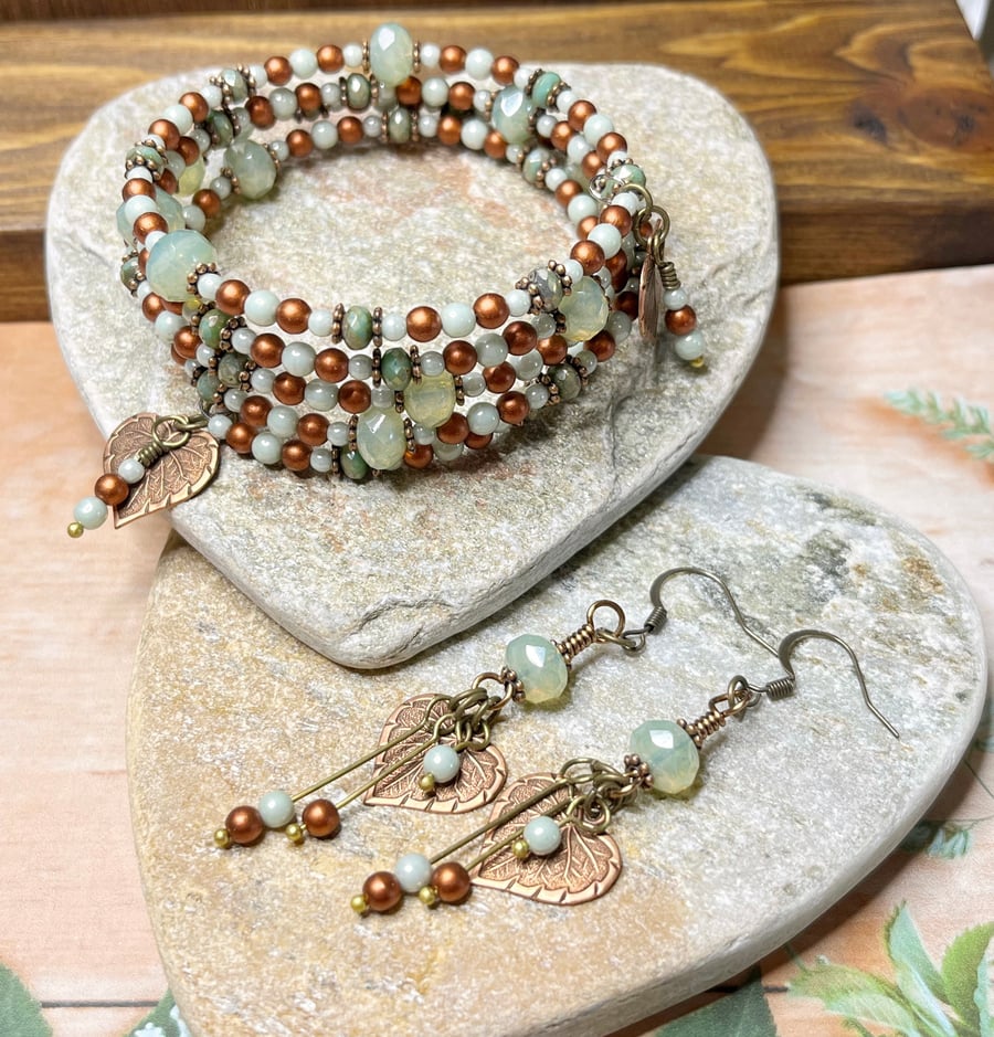 Autumnal inspired beaded wrap bracelet and matching leaf charm earrings