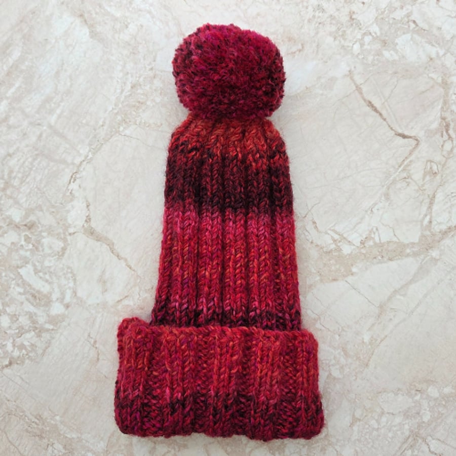 Hand knitted adult red multicoloured bobble hat