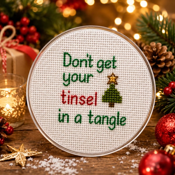 Handmade Cross Stitch Christmas Coaster – Funny Festive Gift