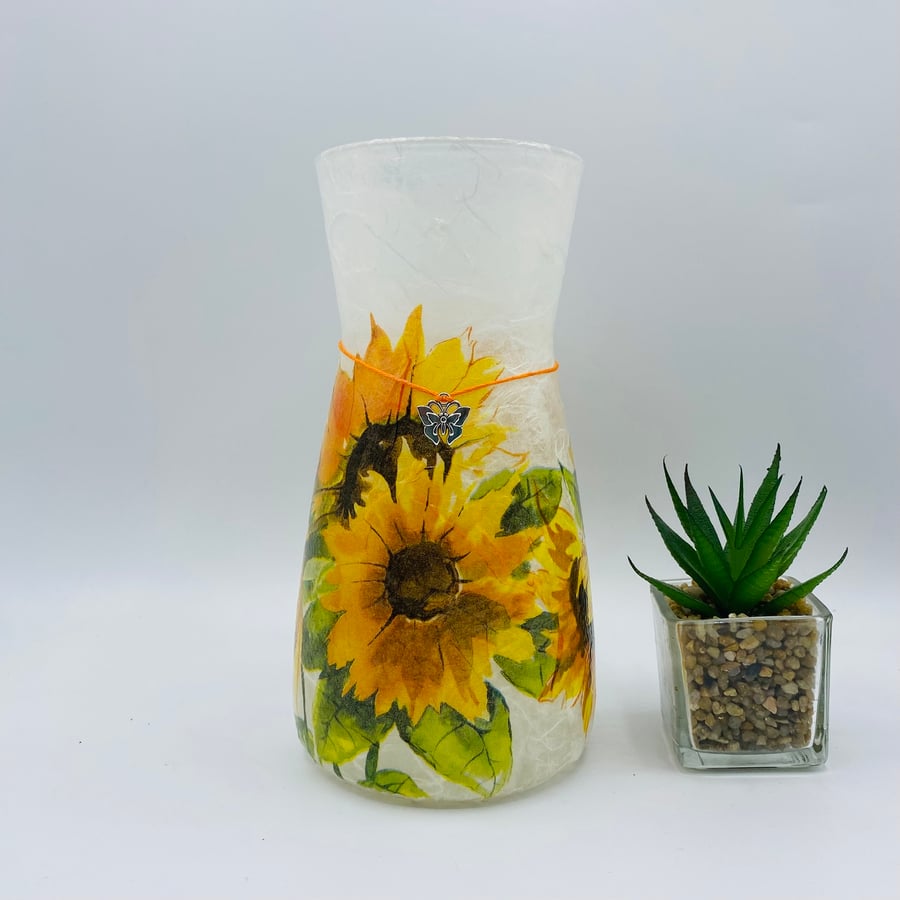 Decoupaged glass vase, Sunflowers