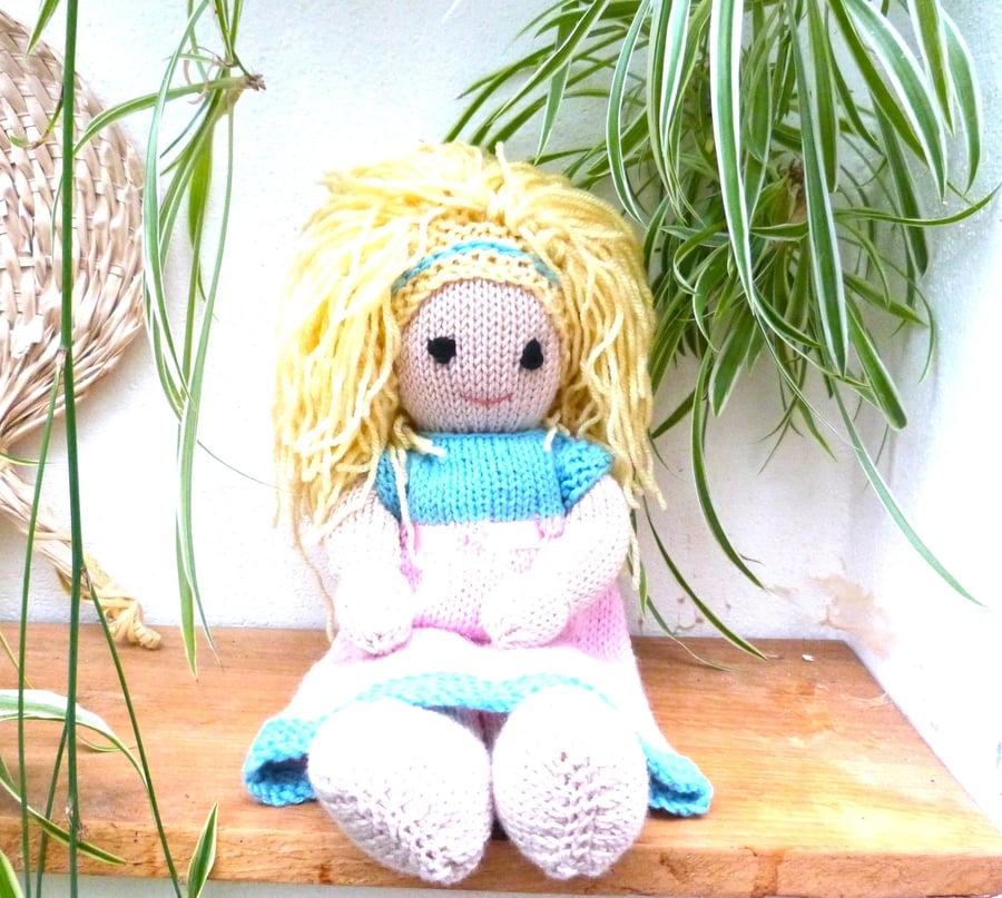 Doll. Hand knitted Doll 12" Wool Doll Handmade Blonde Hair and Knitted Dress