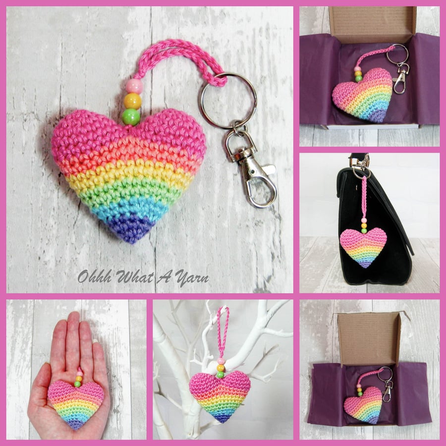 Crochet pastel rainbow heart, heart bag charm, hanging decoration, key ring. 