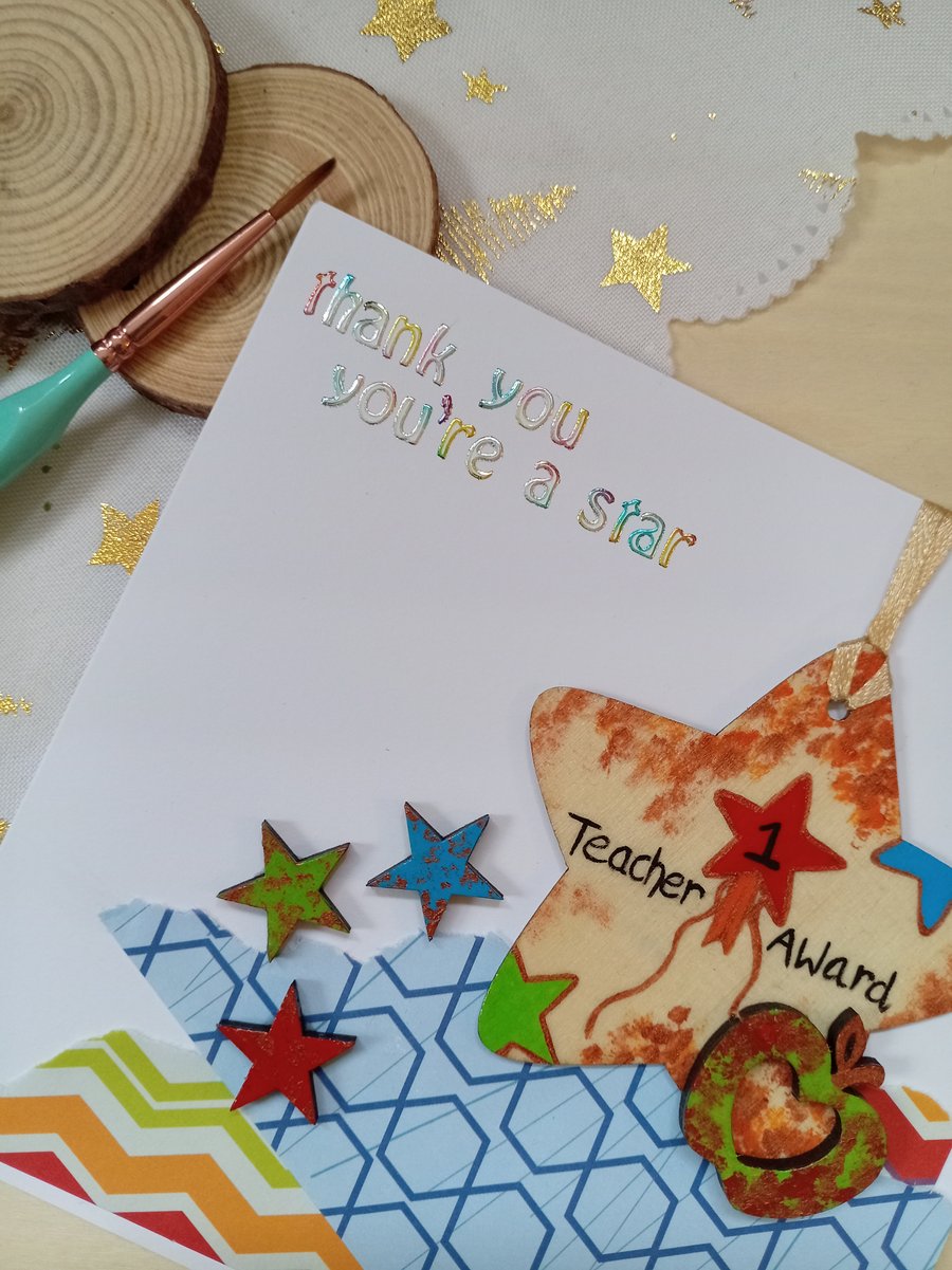 Teacher thank you card with a wooden star decoration 