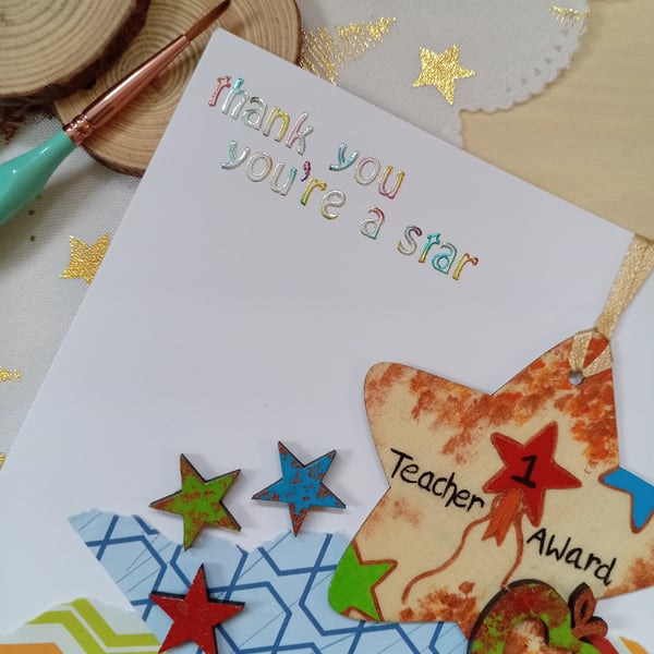 Teacher thank you card with a wooden star decoration 