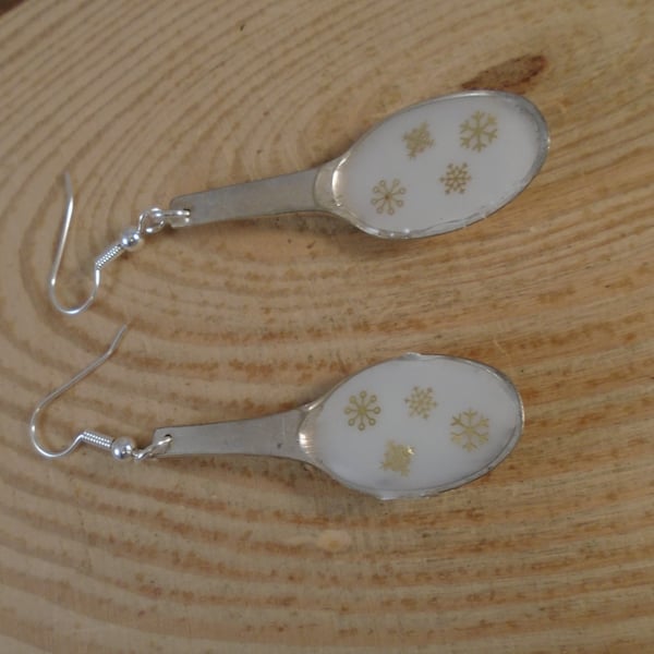Upcycled Silver Plated White Snowflake Sugar Tong Spoon Earrings SPE101908