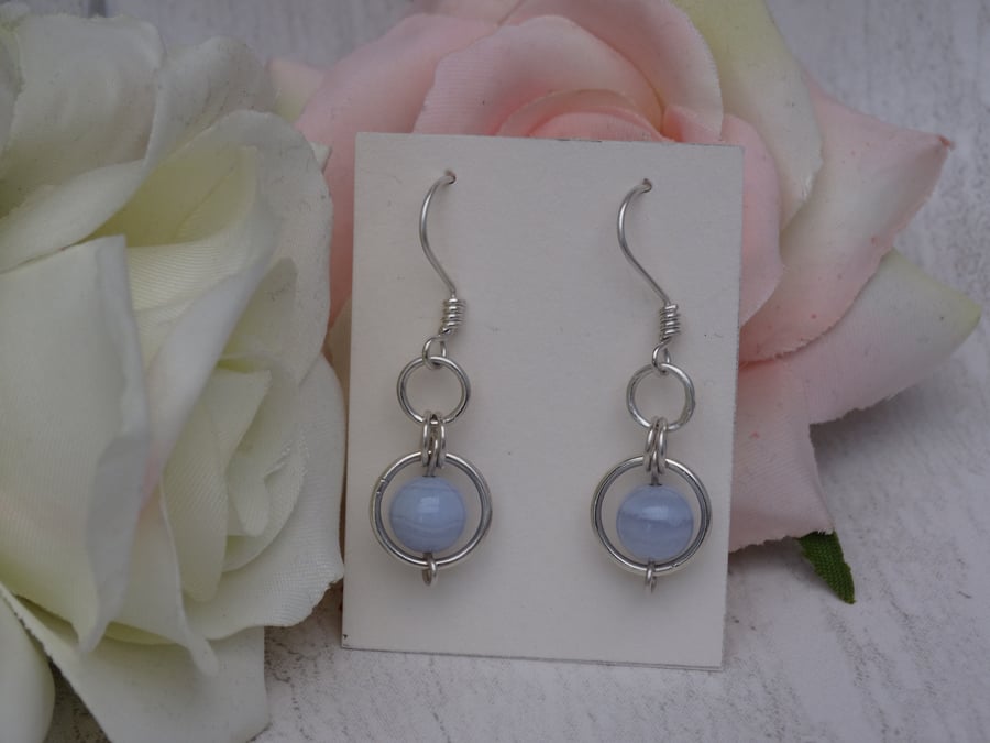 Blue lace agate gemstone dangle earrings silver circle throat chakra calming