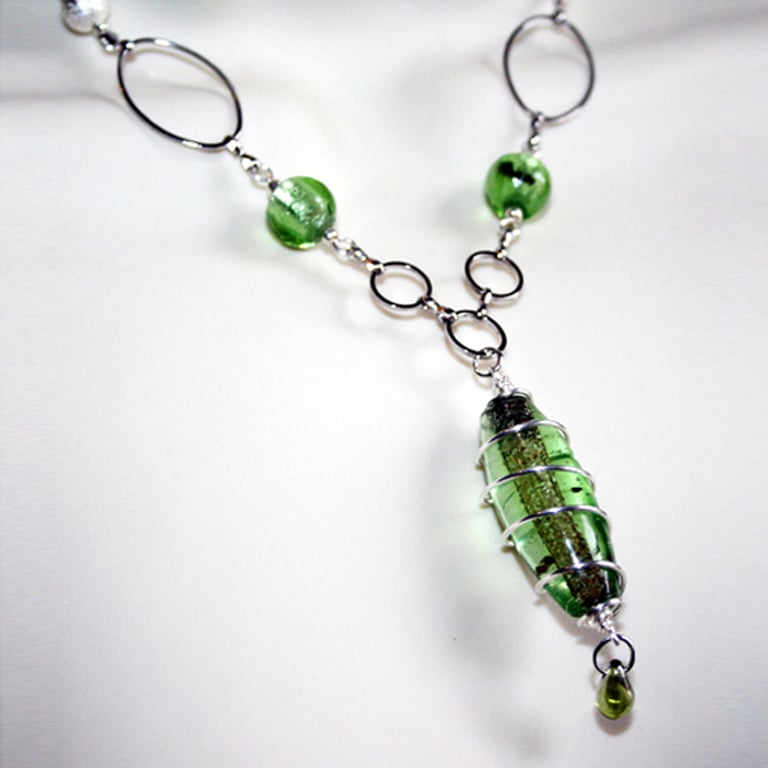 Green Foil Lined Glass Pendant Necklace - Silver Spiral Wirework Jewellery