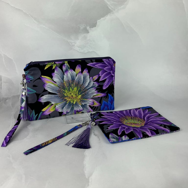 Floral zip clutch bag, Detachable wrist strap, 2 size options, Handmade