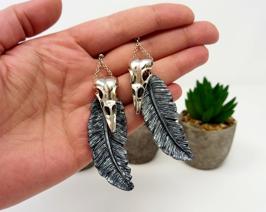 Huginn and Muninn bird skull and feather statement earrings in silver