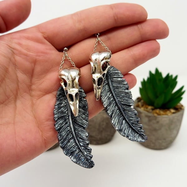 Huginn and Muninn bird skull and feather statement earrings in silver