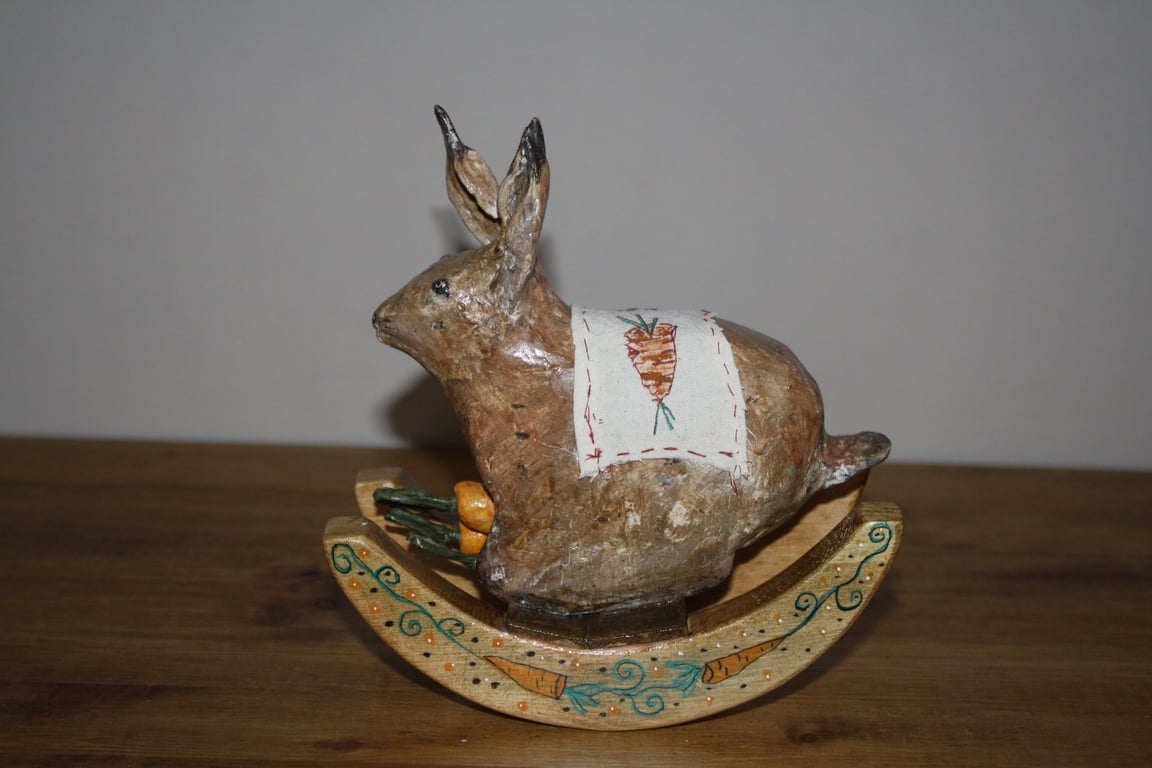 FOLK ART STYLE, HAND MADE & PAINTED PAPER MACHE RABBIT ON WOODEN ROCKERS 